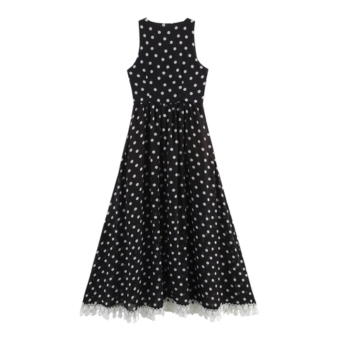 Polka Dot Maxi Jurk Polyester Mouwloos V-Hals Met Kant Zoom Elegant Hoge Taille Vrouwen