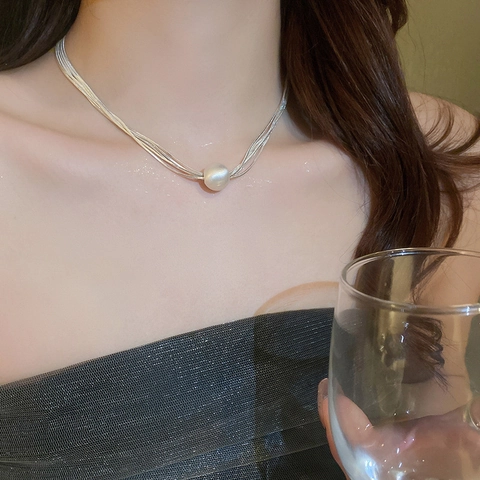 Collana Multistrato In Rame Colore Argento Con Ciondolo Perla Artificial Sintetica Girocollo Elegante Per Donna
