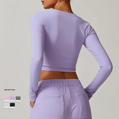 Women Long Sleeve Yoga Crop Top V Neck Nude Feel Polyamide Spandex Four Way Stretch Slimming Tight Fit Fitness Workout