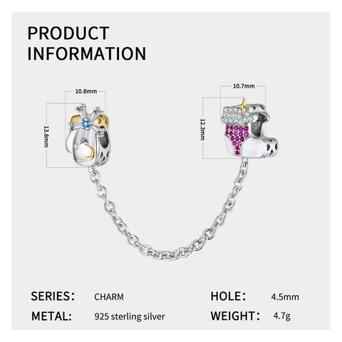 925 Sterling Silver Snowflake Glove Christmas Stocking Safety Chain Charm For DIY Bracelets Rhinestone Enamel Jewelry Accessories