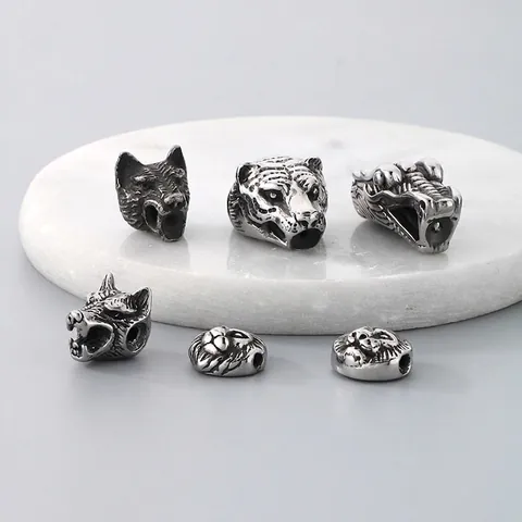 Wolf Lion Dragon Tiger Head Beads Stainless Steel Retro Vintage Animal Spacer Charms DIY Jewelry Making Accessories
