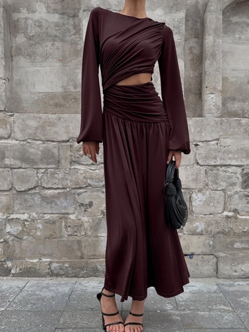 Vestito Lungo Elegante Con Increspature E Ritaglio In Vita Manica Lunga Girocollo Spacco Laterale Sexy Poliestere Elastan Bordeaux