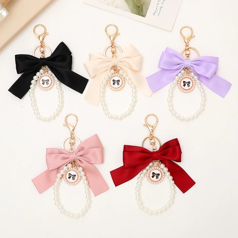 Llavero Elegante Con Lazo Y Perlas Artificiales Colgante De Bolso Para Mujer Cinta De Tela Correa De Muñeca Accesorio Para Teléfono