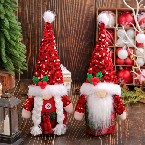 Ornamento Gnomo Di Natale Paillettes Rosse Poliestere Tessuto Pelliccia Sintetica Plaid Tomte Rudolph Decorazione Tavolo