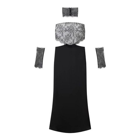 Abito Lungo Elegante Da Donna Patchwork In Pizzo Vestibilità Aderente Schiena Scoperta Con Girocollo E Maniche In Pizzo Sera Nero