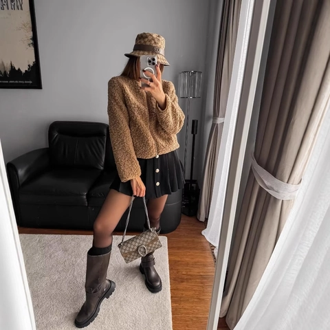 Dames Fleece Jas Sherpa Rits Kort Jack Camel Lange Mouwen Casual Ronde Hals Bovenkleding