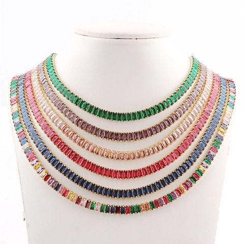 Baguette Zirkonia Tennis Ketting Koper 18K Verguld Regenboog Kleurrijk Verstelbare Choker Voor Dames