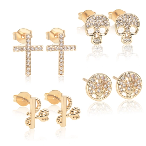 18K Gold Plated Religious Copper Stud Earrings With 925 Sterling Silver Post Zirconia Cross Virgin Mary Skull Jewelry
