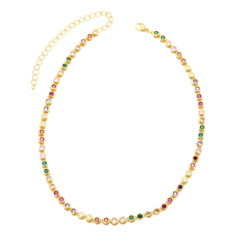 Colorful Tennis Necklace Copper With Cubic Zirconia 18K Gold Plated Adjustable Clavicle Chain For Women Hip Hop Style