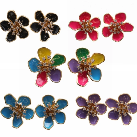 Flower Stud Earrings Enamel Copper Colorful Rhinestone Inlaid Elegant Floral Ear Jewelry Women