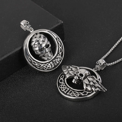 Pendente Teschio Punk Acciaio Inossidabile Gotico Ali D'angelo Mummia Nodo Celtico Gioielli Vintage Per Uomini