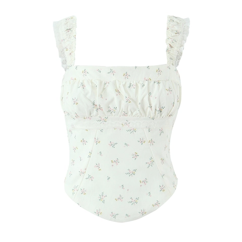 Top Cami Imprimé Fleuri Style Français Smocké Col Carré Bordure Dentelle Ourlet Corset Sans Manches Chemisier Été Doux Femmes