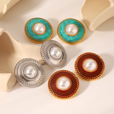 Orecchini A Bottone Rotondi Acciaio Inossidabile Perla Artificial Sintetica Smalto Retro Francese Vintage Elegante Gioielli Donna
