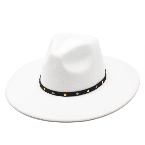 Wide Brim Fedora Hat Wool Felt Vintage Jazz Cap With Metal Rivet Belt For Women Men Elegant Western Fashion Style