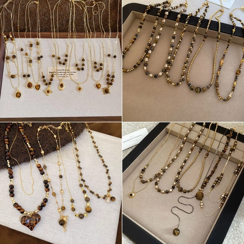 Collier Pendentif En Perles Œil De Tigre Vintage Style Maillard Artisanal Réglable Chaîne De Pull Longue Bijoux Femme Accessoires Alliage