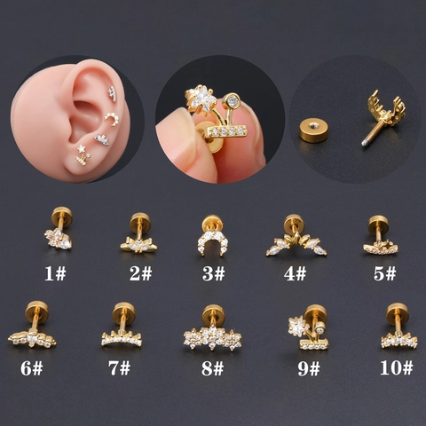 Stainless Steel Copper Moon Flower Zirconia Ear Cartilage Studs Micro Inlaid Screw Back Helix Piercing Jewelry For Women Men