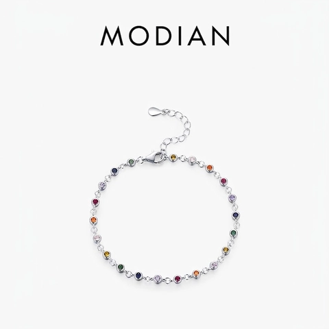 925 Sterling Silver Rainbow Bracelet For Women Colorful Round Cubic Zirconia Dainty Chain Adjustable Handmade Jewelry