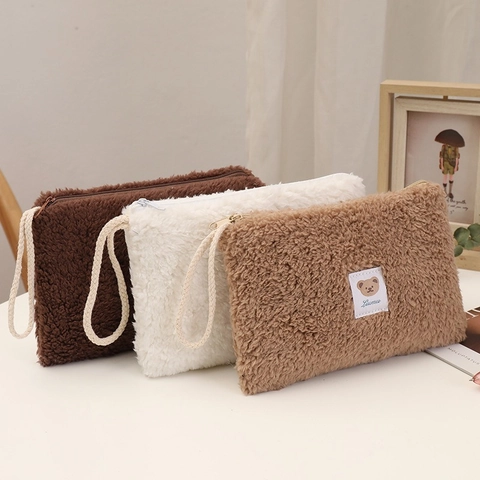 Cute Plush Makeup Bag Large Capacity Faux Lamb Wool Cosmetic Pouch With Lanyard And Bear Patch For Travel Desktop