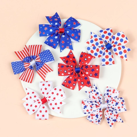 Kids Bow Hair Clip Grosgrain Ribbon Double Layered USA Flag Stars And Stripes Patriotic Independence Day 4th Of July Girls Accessory