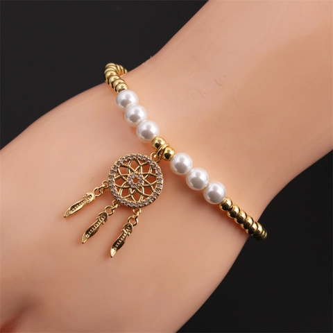 Bracciale Con Ciondolo Acchiappasogni Bohémien Perline In Ottone Placcato Oro Gioielli Eleganti Con Künstliche Perle Imitazione Per Donna
