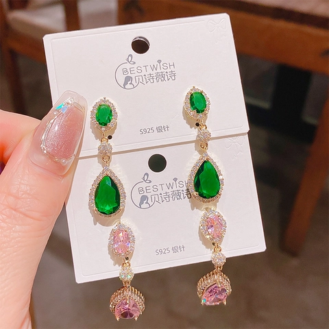 Orecchini Lunghi Pendenti In Zirconia Cubica Smeraldo Rosa Con Perno In Argento Sterling 925 Rame Lusso Per Donne