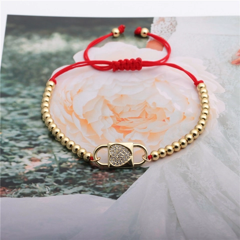 Handmade Red String Bracelet With Gold Copper Beads And Heart Lock Micro Pave Zircon Adjustable Romantic Jewelry