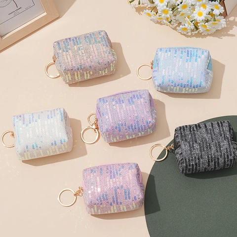 Mini Monedero De Lentejuelas Bolsa De Almacenamiento Para Lápiz Labial Auriculares Con Llavero Dorado Cremallera Elegante