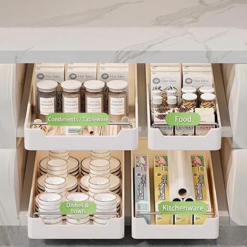 Pull Out Kitchen Cabinet Organizer Slide Out Drawer Cupboard Storage Rack Carbon Steel Under Sink Shelf Spice Tray Creamy White