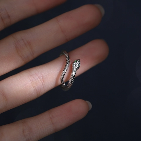 Snake Adjustable Ring 925 Sterling Silver Green Zircon Eyes Vintage Animal Scale Pattern Fashion Jewelry For Women