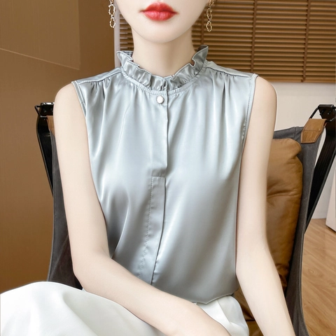 Dames Elegante Satijnen Mouwloze Overhemd Ruches Opstaande Kraag Kunstparelknop Faux Satijn Commuter Top