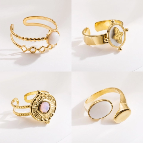 Stainless Steel Open Adjustable Ring 18K Gold Plated Natural Stone Mother Of Artificial Pearl Vintage Bohemian Jewelry For Women