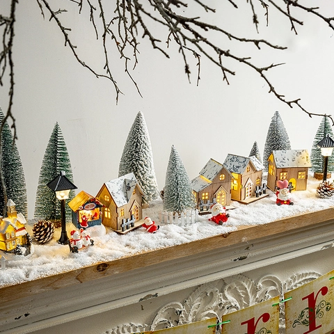 Christmas Mini Village Scenery Set Wooden LED Luminous House Figurines Miniature Tabletop Winter Holiday Town Decor