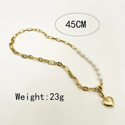 French Vintage 14K Gold Plated Stainless Steel Heart Pendant Baroque Freshwater Pearl Necklace For Women Elegant Jewelry Gift