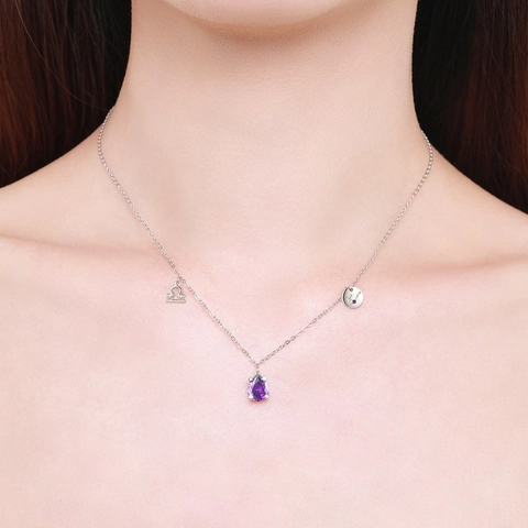 Libra Zodiac Necklace 925 Sterling Silver Purple Waterdrop Zircon Pendant Simple Elegant Jewelry For Women