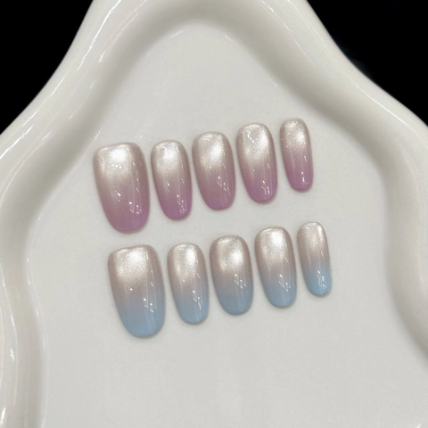 Cat Eye Aufpressnägel Farbverlauf Rosa Blau Glitzer Oval Künstliche Maniküre Wiederverwendbare Elegante Falsche Nägel