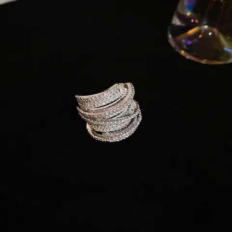 Anello A Fascia Larga Da Donna Multistrato Avvolto Rame Zircone Micro Pavè Strass Gioielli Di Lusso Coreani