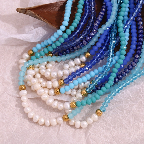 Vintage Stainless Steel Beads Freshwater Pearl Necklace For Women Blue Faceted Artificial Crystal Handmade Beaded Jewelry