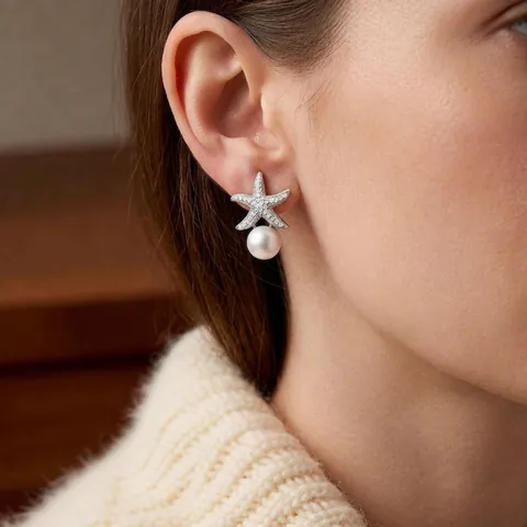 Meerstern Künstliche Perlen Hängeohrringe Pavé Zirkonia Kupfer Elegant Ozean Thema Mit Silber Ohrstecker Für Damen