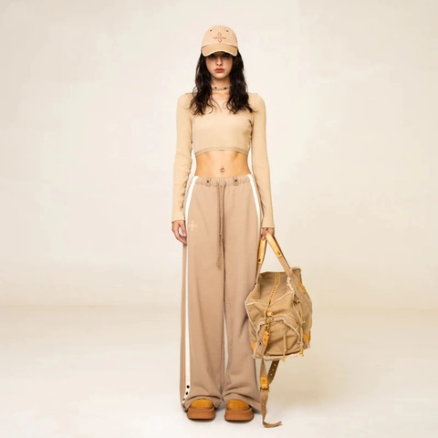 Baumwolle Hose Mit Hoher Taille Und Weitem Bein Damen Casual Seitliche Streifen Verstellbarer Saum Mit Druckknöpfen Kordelzug