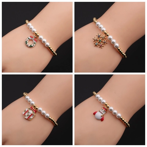 Pulsera De Dijes De Navidad Perlas Artificiales De Cobre Oro Perlas Artificiales De Imitación Circón Copo De Nieve Muñeco De Nieve Esmalte Joyería Mujer Regalo