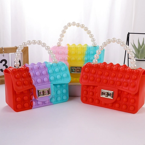 Kids Mini Handbag Silicone Pop It Sensory Crossbody Bag With Faux Artificial Pearl Handle And Metal Chain Stress Relief For Girls