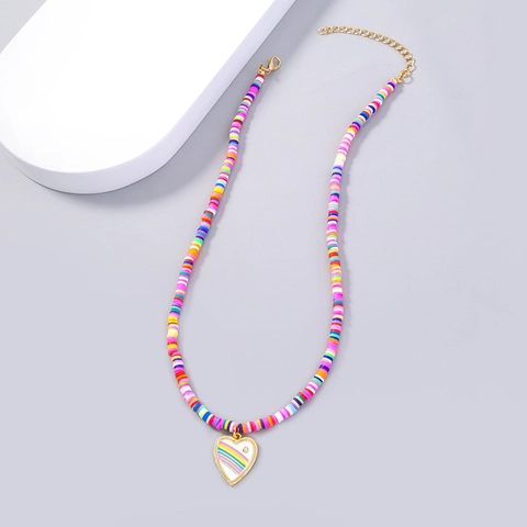 Collana Bohemien in Pasta Polimerica Multicolore da Donna Etnica Vintage Arcobaleno Ciondolo a Cuore Strass Gioielli Regalo
