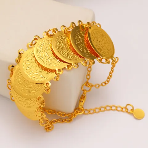 Bracciale Moneta Stile Dubai Rame Placcato Oro 24K File Multiple Gioielli Etnici Retro Per Donna Catena Con Cuore