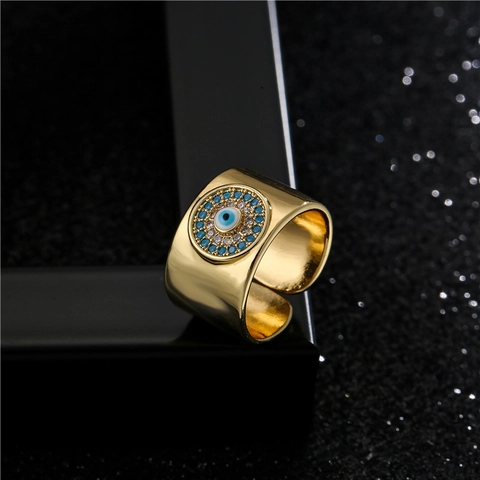 Evil Eye Open Ring Gold Plated Copper Micro Inlaid Cubic Zirconia Adjustable Wide Band Jewelry For Women