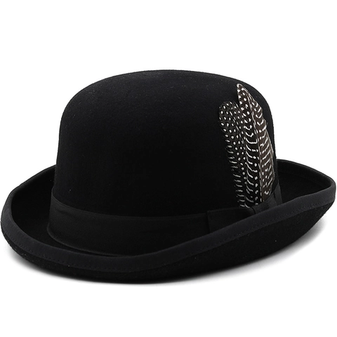 Vintage British Style Bowler Derby Hat For Women Men 100% Wool Felt Dome Top Hat With Feather And Striped Ribbon