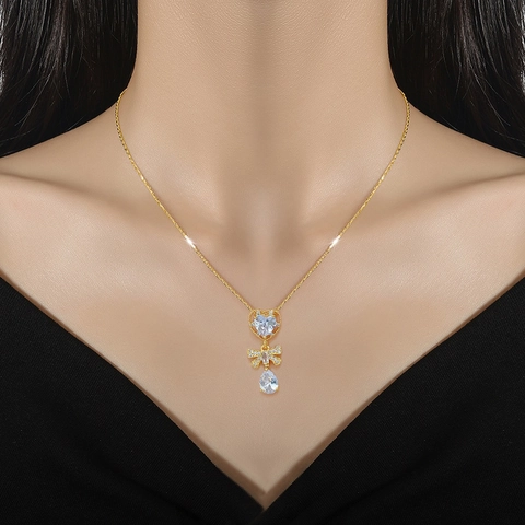 Pendant Necklace Stainless Steel Chain Copper Heart Butterfly Bow Teardrop Cubic Zirconia Dainty Elegant Jewelry For Women