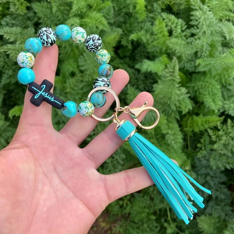 Portachiavi da Polso con Perline in Silicone Leopardato con Pendente a Croce con Nappa in PU Bracciale Boho con Perline per Donna Uomo