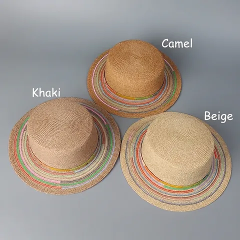 Cappello Paglia Di Rafia Boater Strisce Arcobaleno Tesa Larga Protezione Solare Spiaggia Vacanze Fatto A Mano Per Donne