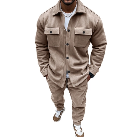 Conjunto De Chaqueta Y Pantalones De Gamuza Sintética Para Hombre Casual Manga Larga Bolsillos Moda Streetwear Otoño