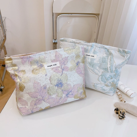 Trousse De Maquillage En Jacquard Floral Doublure Toile Fermeture Éclair Pochette De Voyage Organisateur Élégant